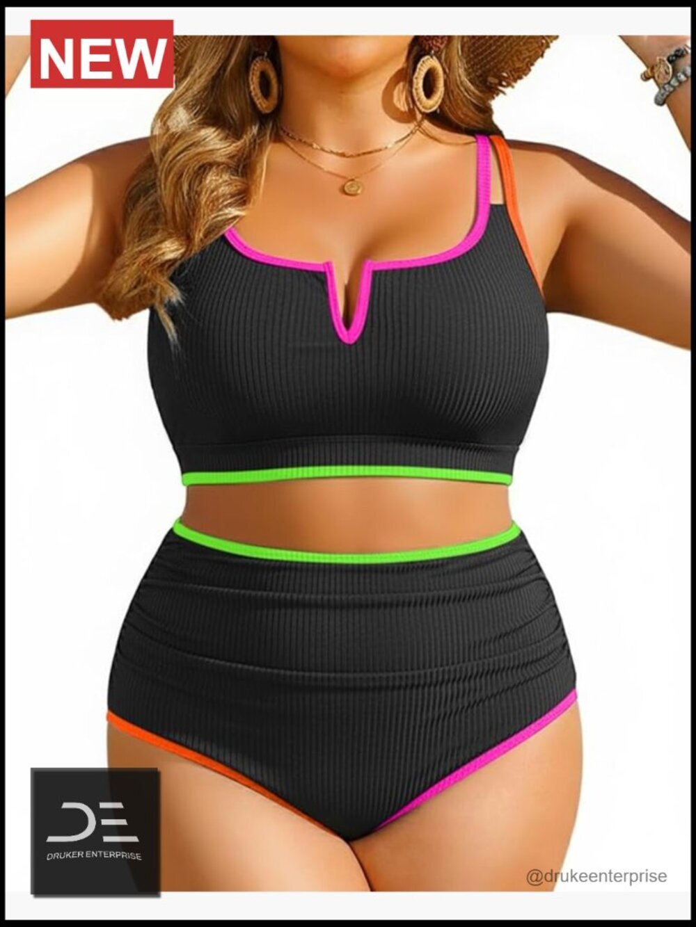 Plus Size High Waisted Bikini Two Piece Swimsuit Tummy Control V-Wired Swimwear